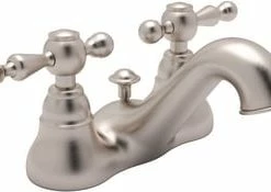 Cheap 🔥 ROHL® Country Bath Deckmount Bathroom Sink Faucet with Double Lever Handle in Satin Nickel 🛒