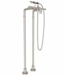 Best deal ✨ ROHL® Perrin & Rowe® Edwardian Floor Mount Tub Filler with Metal Triple Lever Handle, Hand Shower and Floor Pillar Leg or Supply Union in Satin Nickel 🎉
