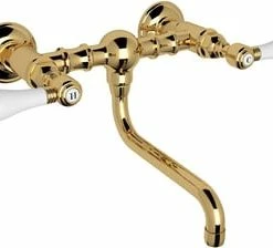 Cheap 🔥 ROHL® Vocca Wall Mount Bridge Bathroom Sink Faucet with Double Porcelain Lever Handle in Inca Brass 🎉