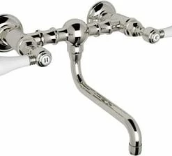 Outlet 🛒 ROHL® Vocca Wall Mount Bridge Bathroom Sink Faucet with Double Porcelain Lever Handle in Polished Nickel 🎉