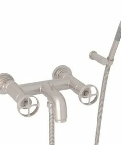 Discount 🤩 ROHL® Signature Wheel Handle Wall Mount Exposed Tub Set with Hand Shower in Satin Nickel 🎉
