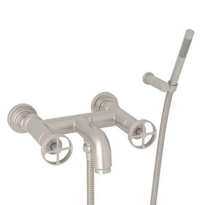Discount 🤩 ROHL® Signature Wheel Handle Wall Mount Exposed Tub Set with Hand Shower in Satin Nickel 🎉 3 Discount 🤩 ROHL® Signature Wheel Handle Wall Mount Exposed Tub Set with Hand Shower in Satin Nickel 🎉