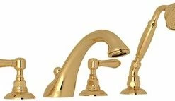 Best deal 😍 ROHL® Acqui® 9 gpm 4-Hole Deck Mount Roman Tub Filler with Double Metal Lever Handle in Inca Brass 🌟