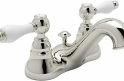 Promo 🔔 ROHL® Country Bath Deckmount Bathroom Sink Faucet with Double Porcelain Lever Handle in Polished Nickel 👍
