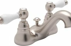 Hot Sale ⭐ ROHL® Country Bath Deckmount Bathroom Sink Faucet with Double Porcelain Lever Handle in Satin Nickel 🧨