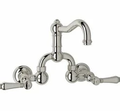 Deals 🌟 ROHL® Acqui Wall Mount Bridge Bathroom Sink Faucet with Double Lever Handle in Polished Nickel 🔥