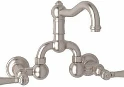 Promo 👍 ROHL® Country Bath Wall Mount Bridge Bathroom Sink Faucet with Double Metal Lever Handle in Satin Nickel 🧨
