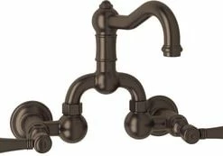 Hot Sale 🔥 ROHL® Country Bath Wall Mount Bridge Bathroom Sink Faucet with Double Metal Lever Handle in Tuscan Brass 💯