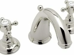 Hot Sale 🌟 ROHL® Country Bath Deckmount Widespread Bathroom Sink Faucet with Double Crystal Cross Handle in Polished Nickel ⭐