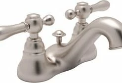 Deals 🔥 ROHL® Country Bath Deckmount Bathroom Sink Faucet with Double Metal Lever Handle in Satin Nickel 🔥