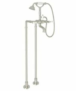 Best Sale 💯 ROHL® Palladian® Floor Mount Tub Filler with Porcelain Triple Lever Handle and Hand Shower in Polished Nickel ✨