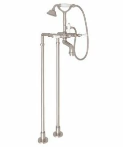 Coupon ❤️ ROHL® Palladian® Floor Mount Tub Filler with Porcelain Triple Lever Handle and Hand Shower in Satin Nickel ✨