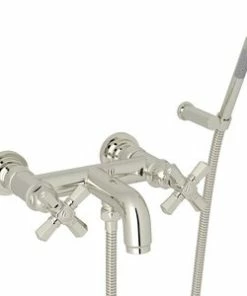 Hot Sale 🤩 ROHL® San Giovanni™ Cross Handle Wall Mount Exposed Tub Set with Hand Shower in Polished Nickel 🔔