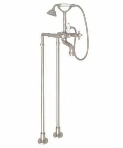 Brand new 😀 ROHL® Palladian® Floor Mount Tub Filler with Metal Triple Cross Handle and Hand Shower in Satin Nickel 🥰