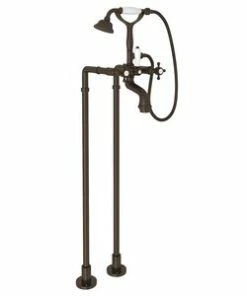 Best Sale 🤩 ROHL® Palladian® Floor Mount Tub Filler with Metal Triple Cross Handle and Hand Shower in Tuscan Brass ❤️