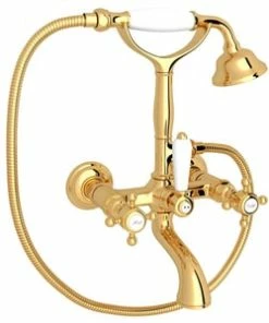 Discount ✔️ ROHL® Miscelo™ Three Handle Wall Mount Filler in Inca Brass 🔥